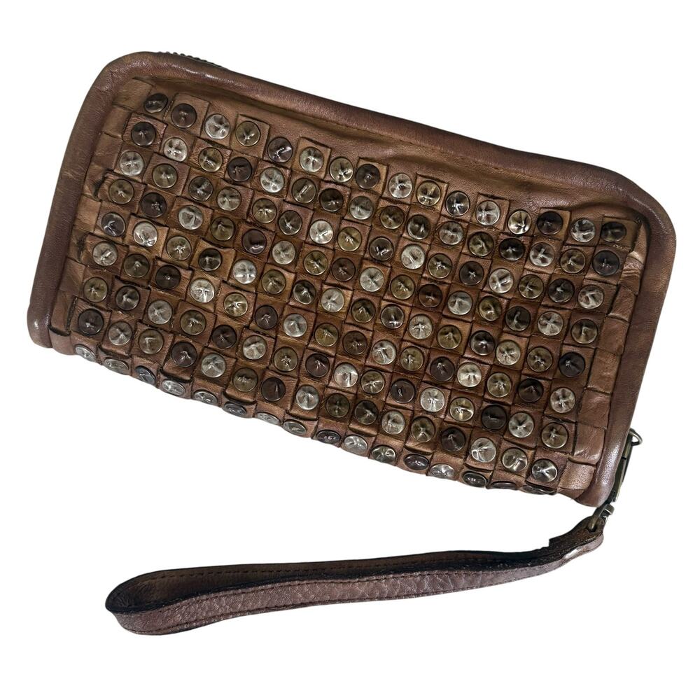 Platania Wallet Tan Italian Leather Woven Studded Wristlet Clutch Western Rustic